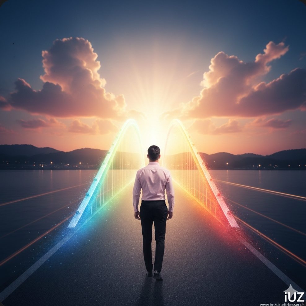 Regenbogenbrücke Mann steht vor einem leuchtenden Horizont mit bunten Lichtstrahlen.